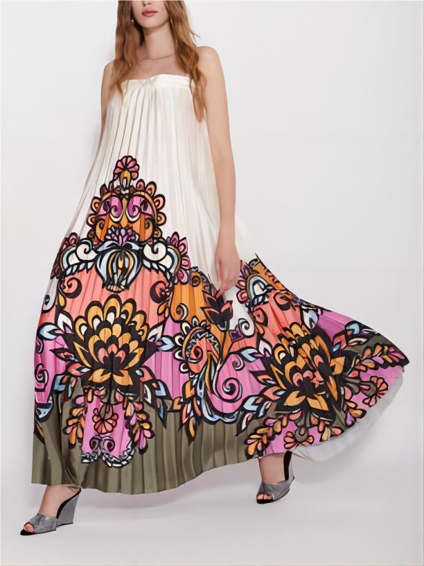 Delicate Vintage Floral Print Pleated Maxi Dress