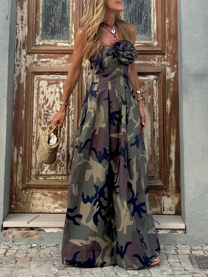 Maxivestido de moda con estampado de camuflaje sin tirantes