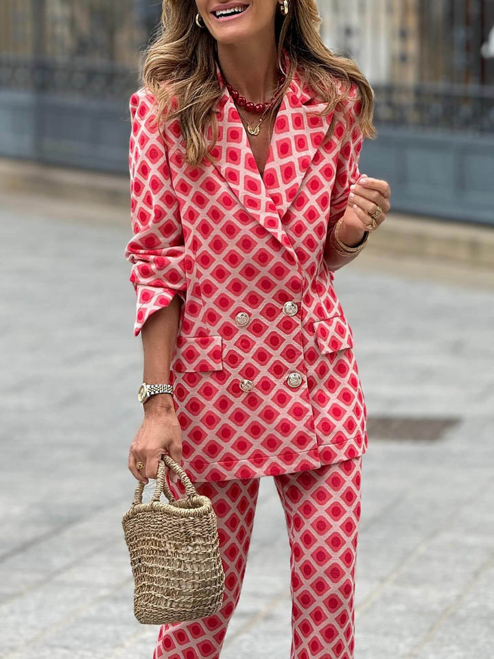 Blazer casual de manga larga con estampado geométrico y bolsillos