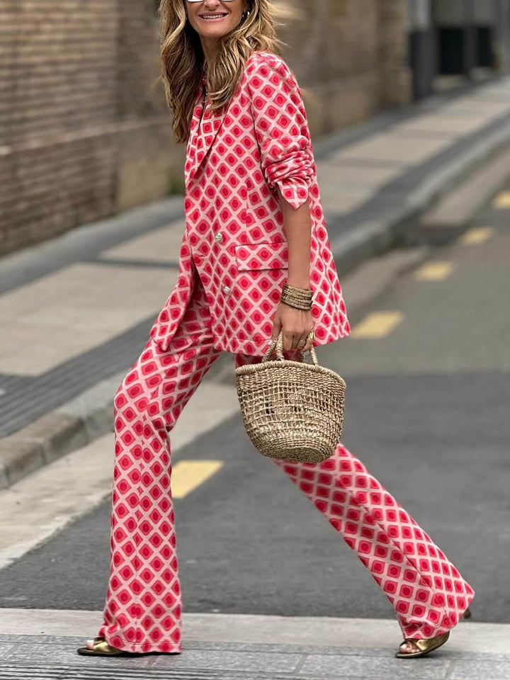 Blazer casual de manga larga con estampado geométrico y bolsillos