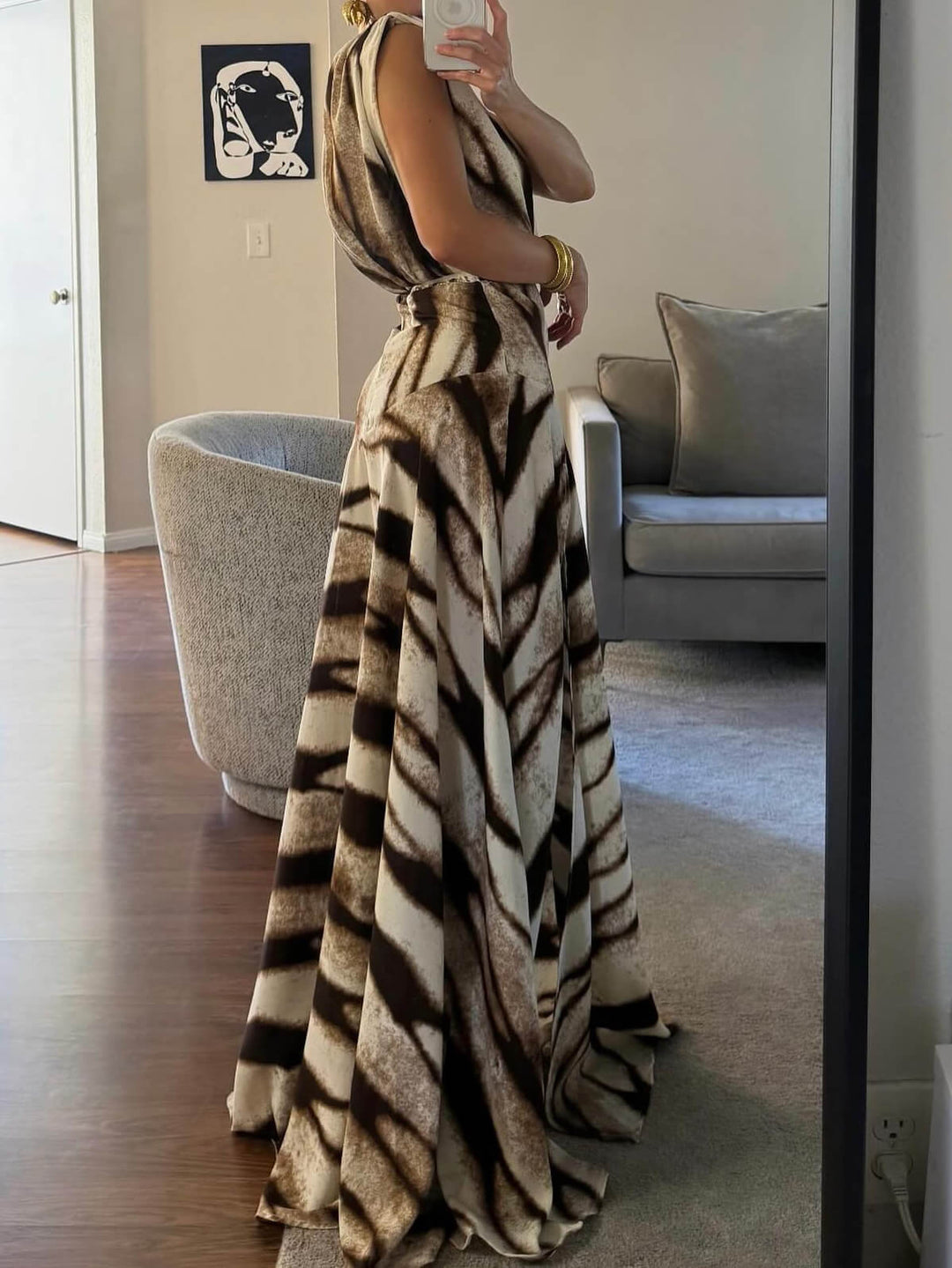 Retro Ink Stripe Print V-Neck Slit Maxi Dress