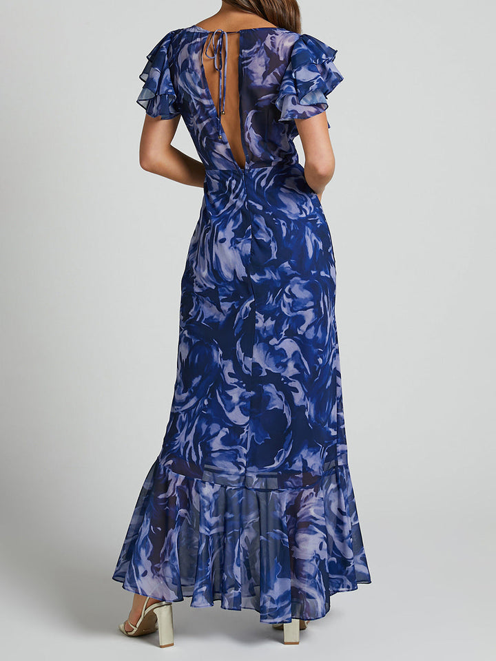 V Neck Flutter Sleeve Maxi Dress in Navy Swirl