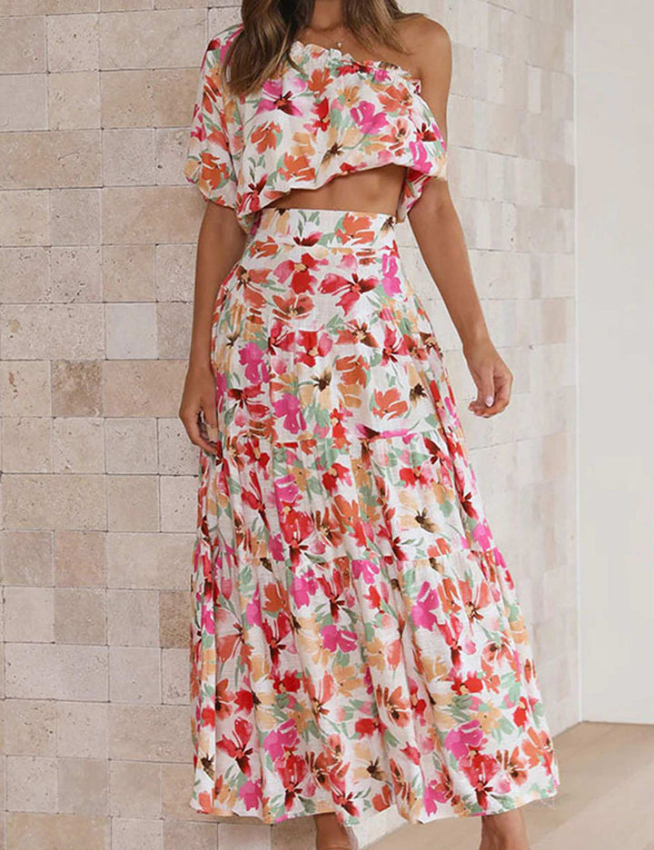 Floral Print One Shoulder Crop Top Tiered Skirt Κοστούμια