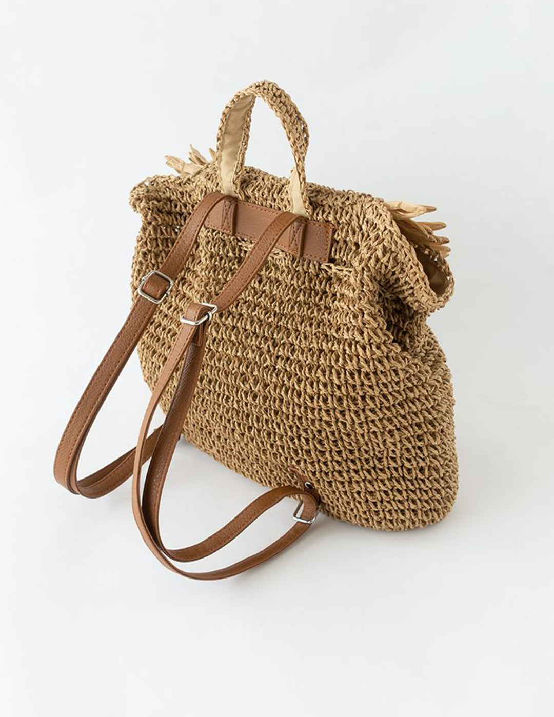 Caramel Fringed Trim Woven Straw Rucsac