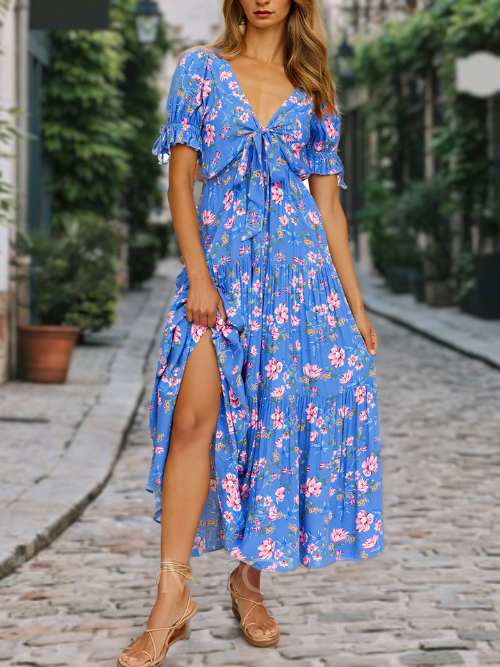 V-λαιμός Cutout Κοντό μανίκι Floral Casual φόρεμα παραλία