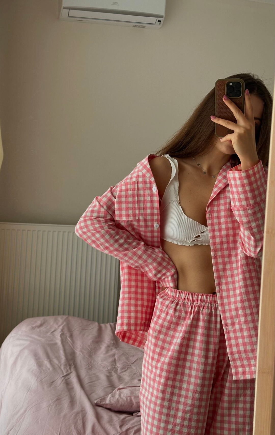 Rosa rutigt löst pyjamas-set