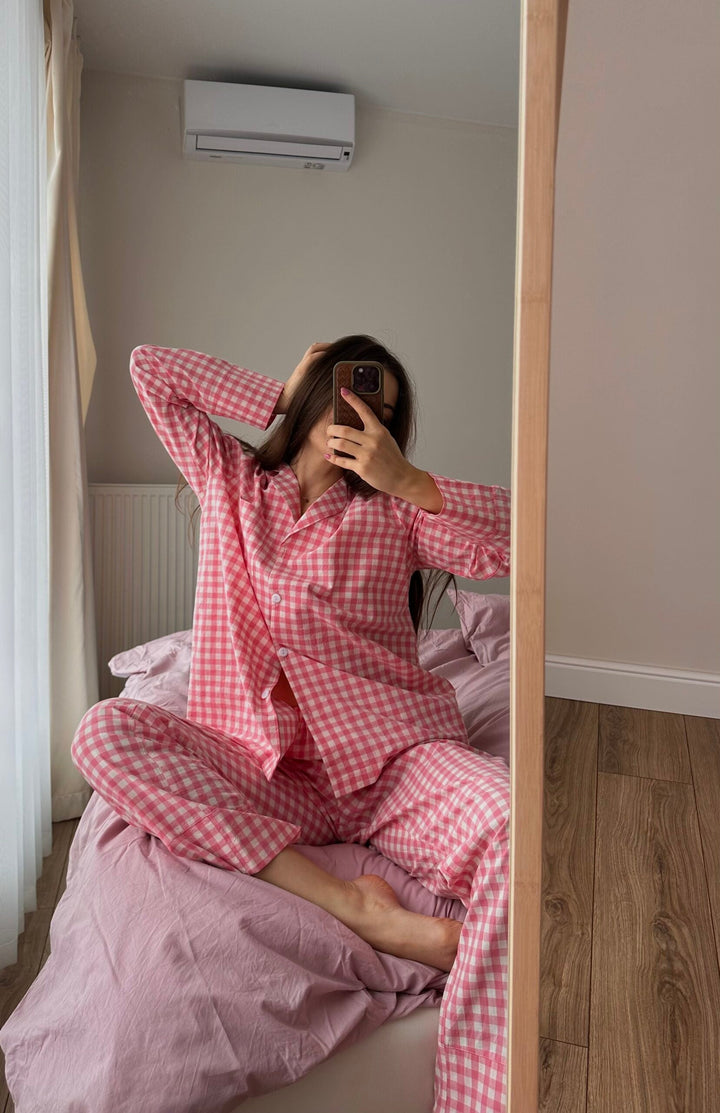 Rosa rutigt löst pyjamas-set