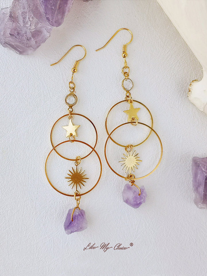 Boho Star & Sun Natural Amethyst øreringe