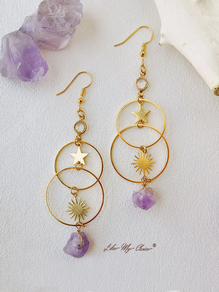 Boho Stern & Sonne Natürliche Amethyst-Ohrringe