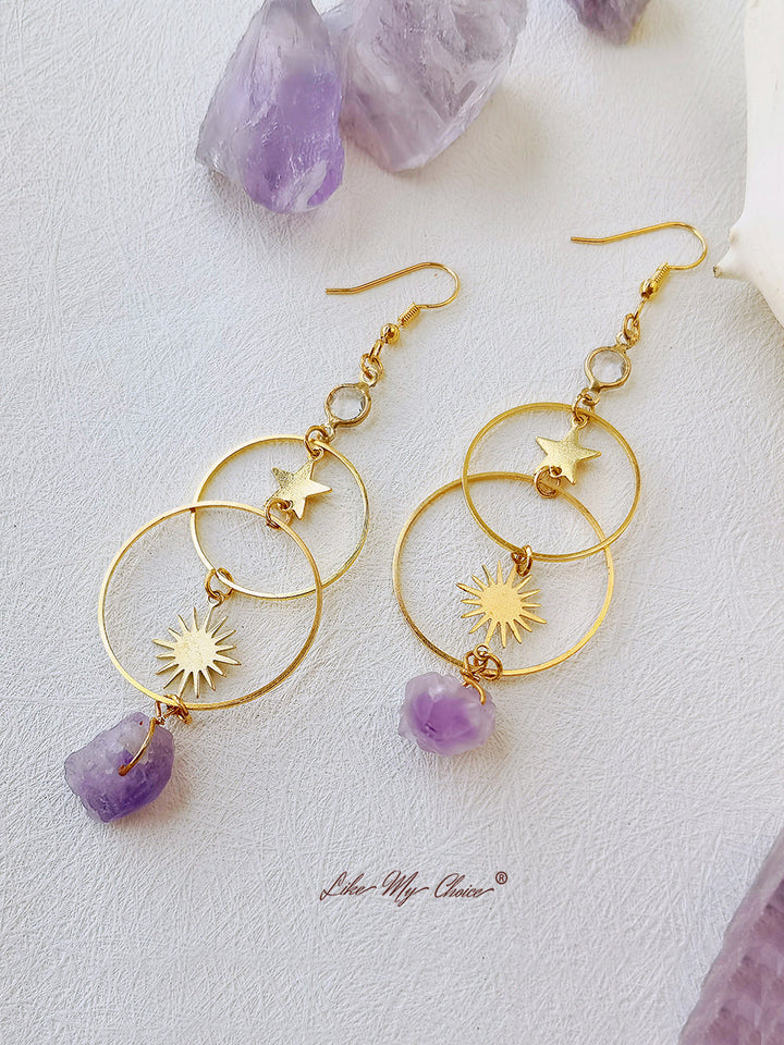 Boho Stern & Sonne Natürliche Amethyst-Ohrringe