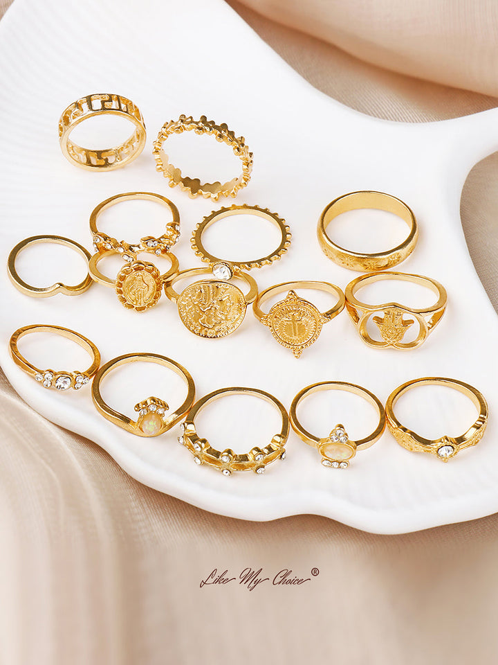 Set Cincin Boho Geometris Kristal 15 pcs