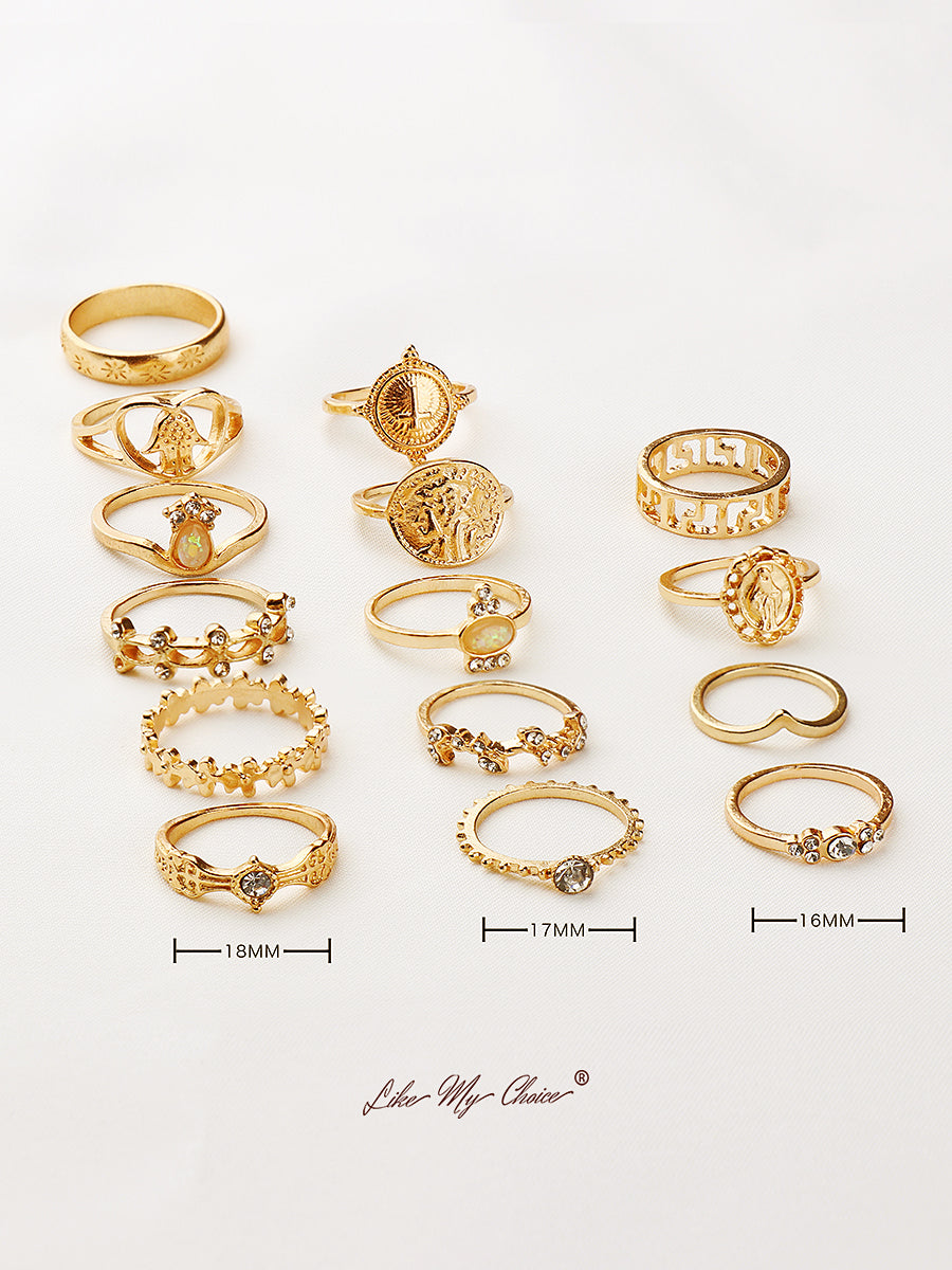 Set Cincin Boho Geometris Kristal 15 pcs