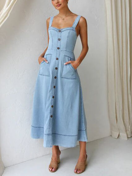 Abito midi con bottoni casual con bretelle in denim