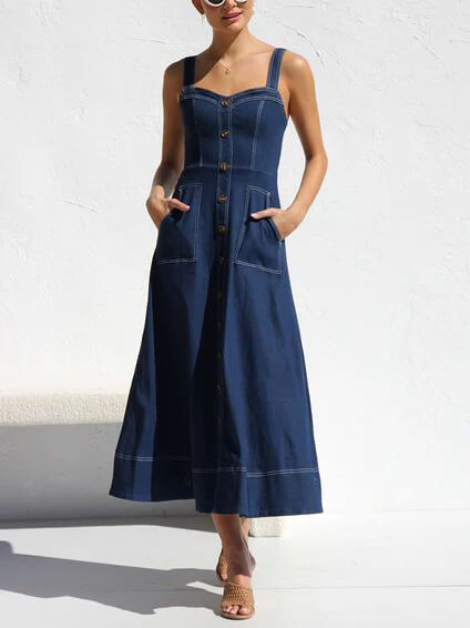 Denim Suspender Casual κουμπί Midi φόρεμα