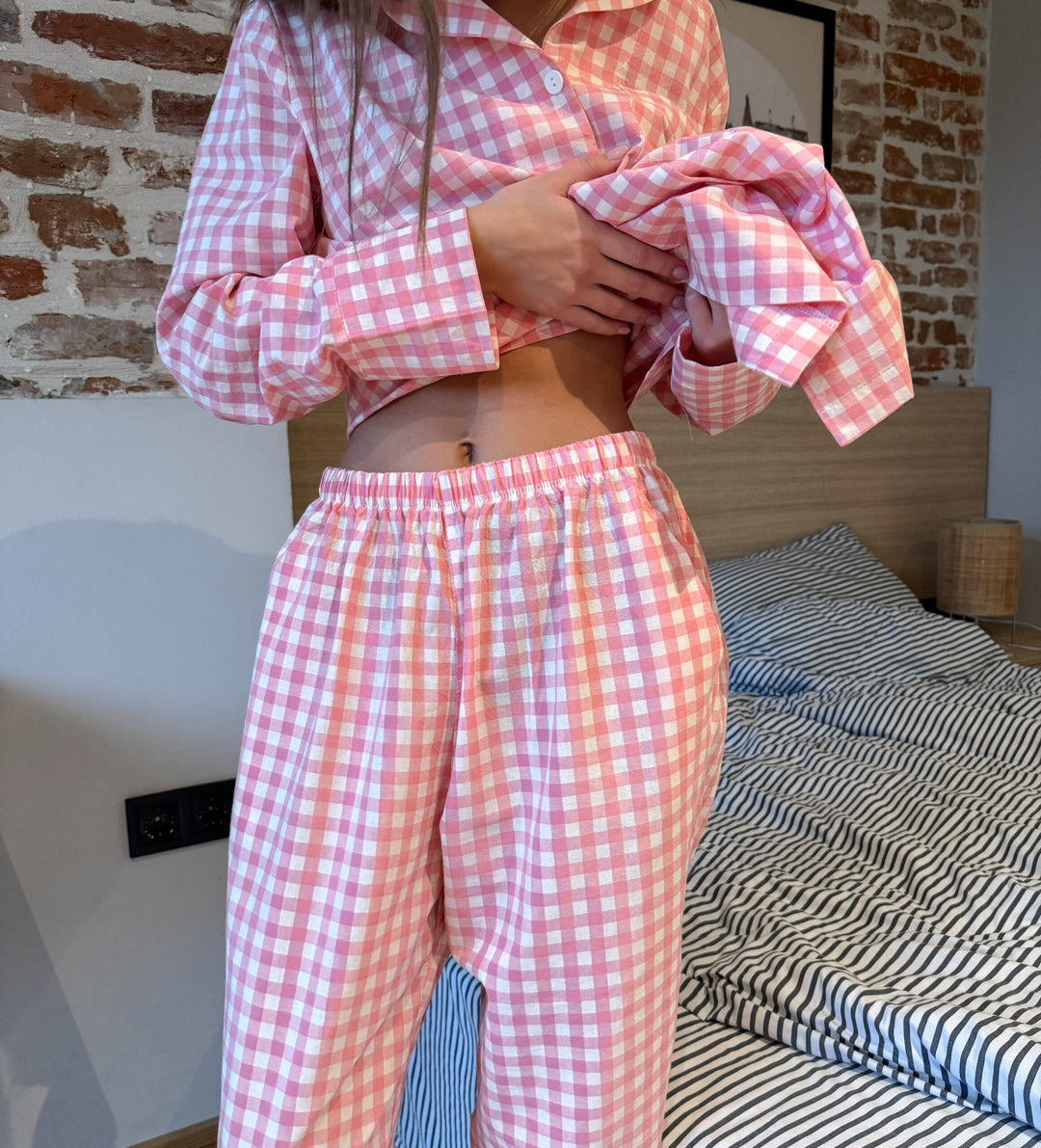 Pink Plaid Loose Pajamas Set