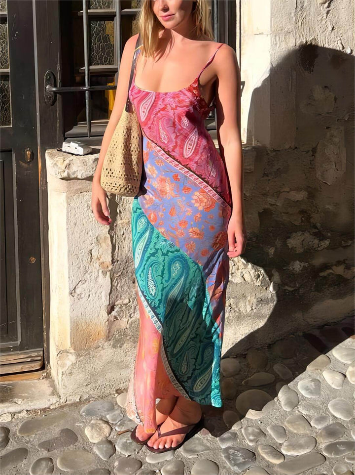 Vestido maxi sexy com decote em U e sem costas com estampado da Bósnia