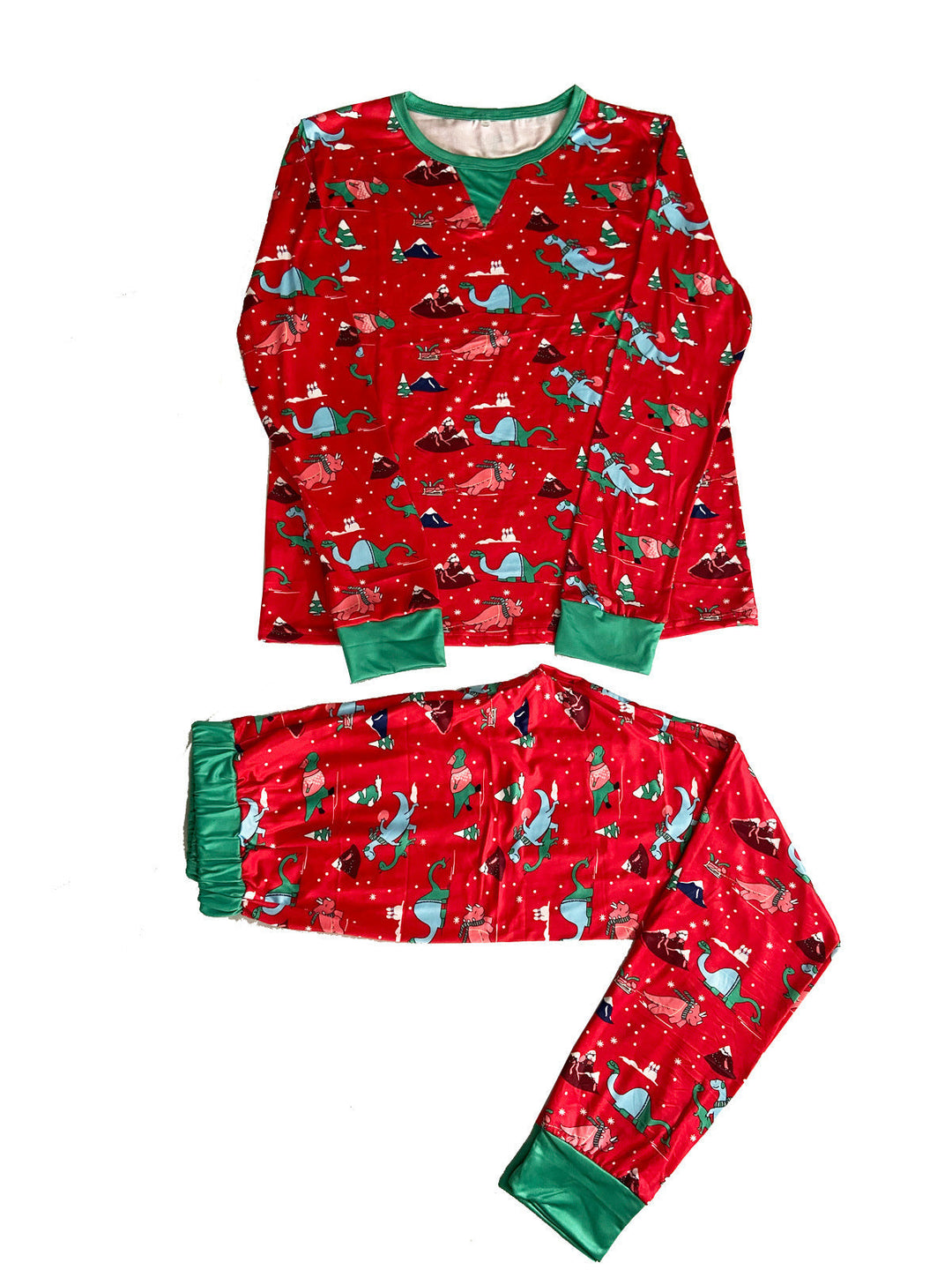 Conjunto de pijama familiar com padrão de dinossauro vermelho e bonito