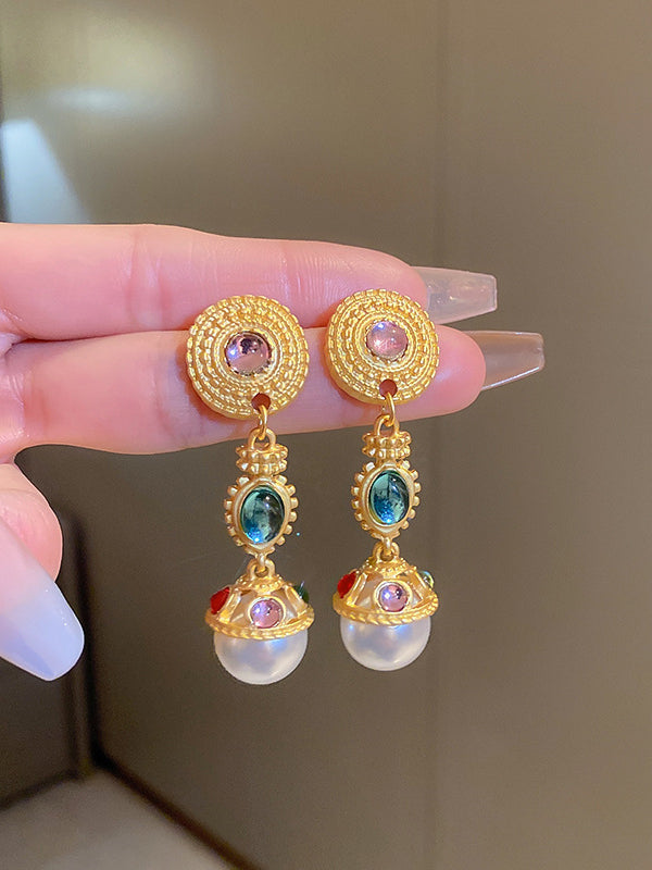 Retro Palace Style Gemstone Pearl Earrings