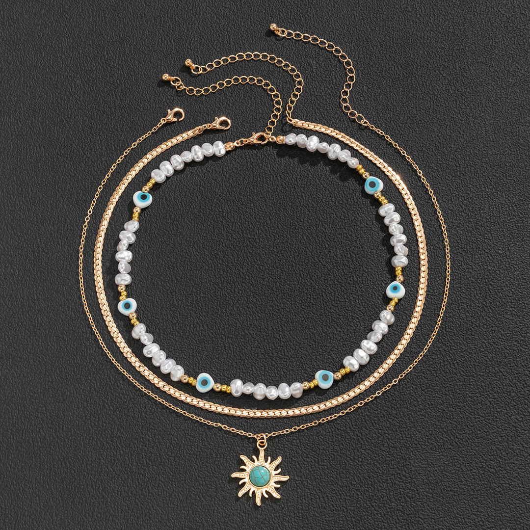 Stil etnic Special-Shaped imitație Pearl Bead Colier Retro Turquoise Sun Eye Colier