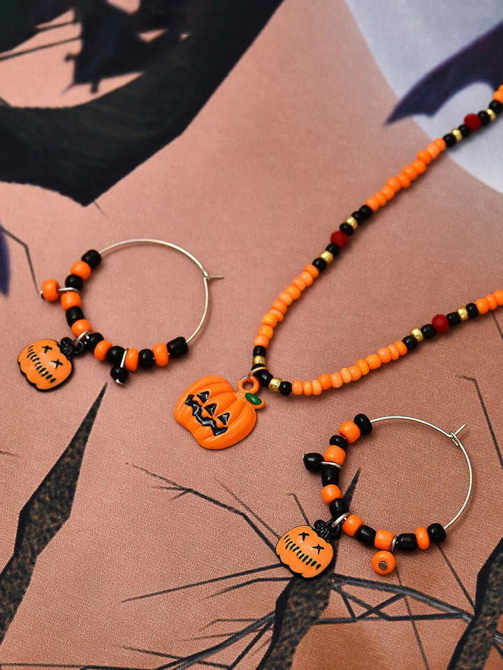 Halloween Fun Pumpkin Earrings and Necklace Set