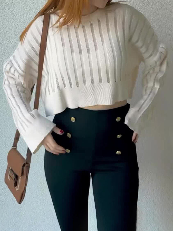 Top de camisola oca com decote redondo na moda