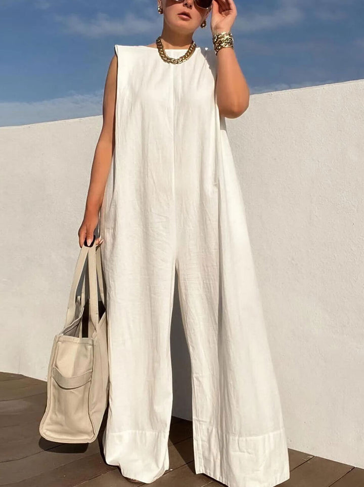 Solid Color Loose Casual fără mâneci Round Neck Wide Leg Trousers Jumpsuit