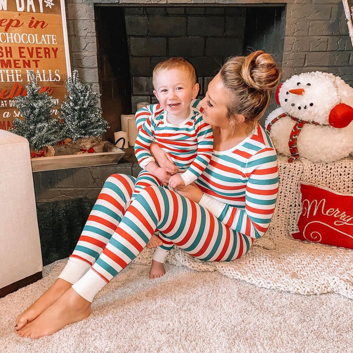 Green Red and White Striped Family Matching Pajamas Set