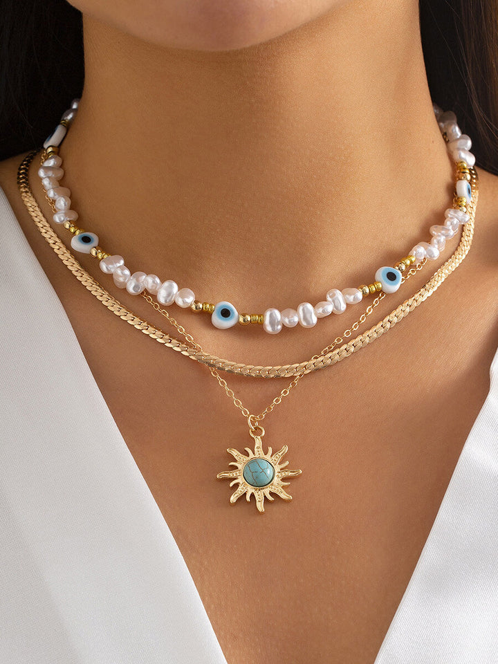 Stil etnic Special-Shaped imitație Pearl Bead Colier Retro Turquoise Sun Eye Colier