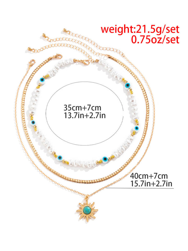 Ethnic Style Special-Shaped Imitation Pearl Bead Necklace Retro Turquoise Sun Eye Necklace