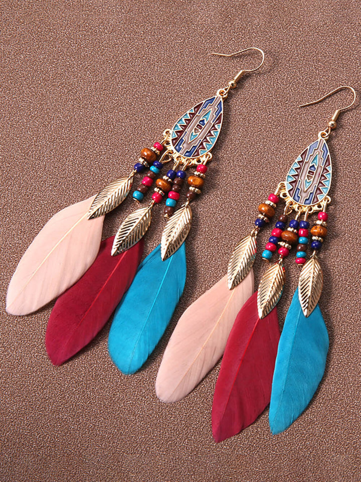 Bohemian Rice Beads Holiday Droplet Tassel Feather Cercei