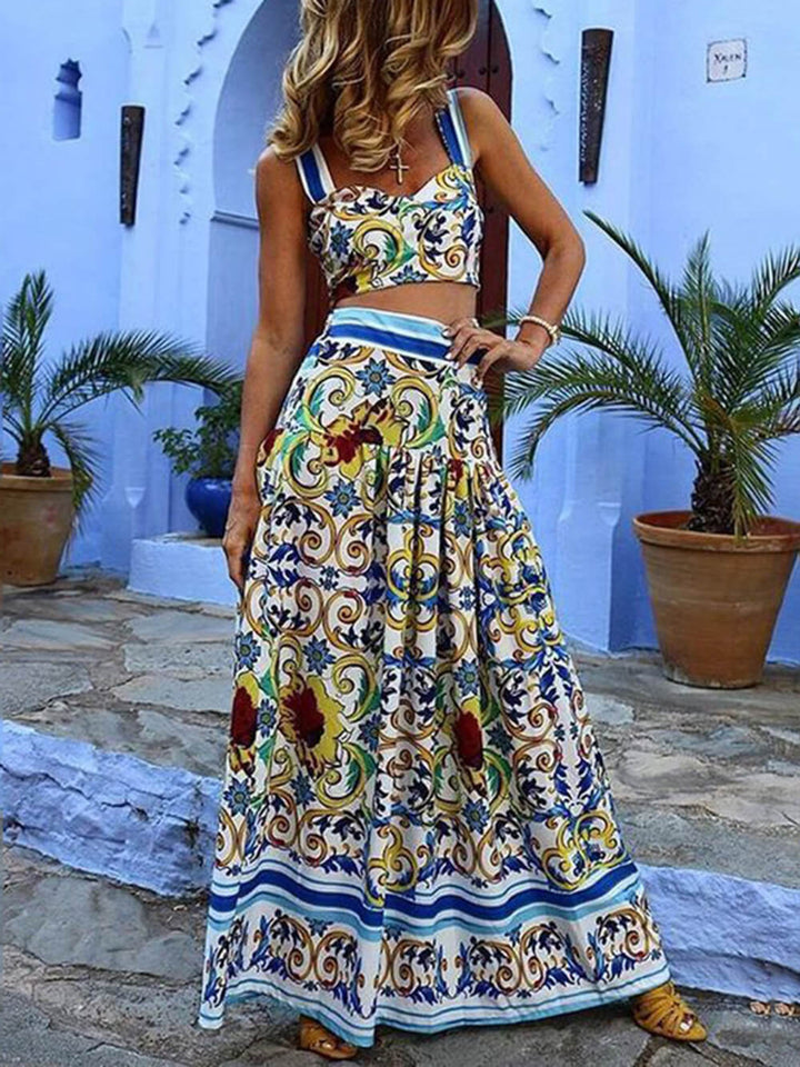 Conjunto de dos piezas Beach Temperament Halter Print Dress