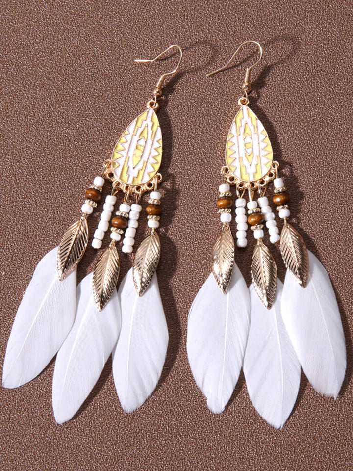 Bohemian Rice Beads Holiday Droplet Tassel Feather Cercei