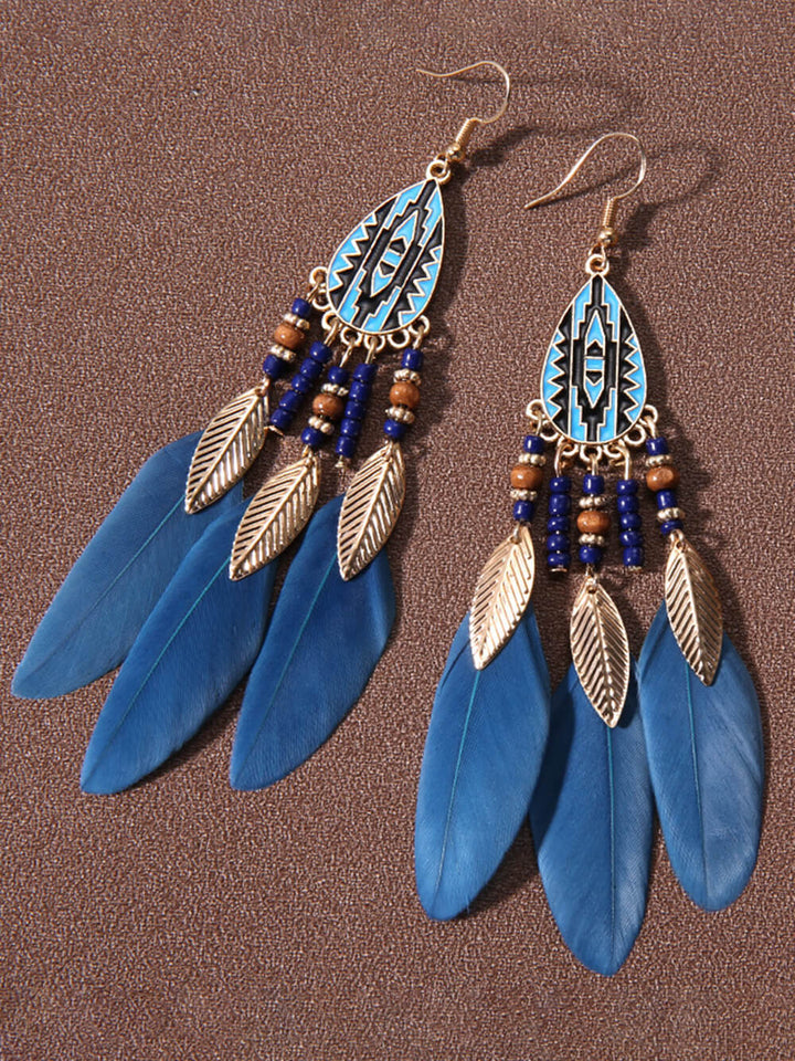 Bohemian Rice Beads Holiday Droplet Tassel Feather Cercei