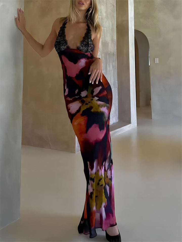 Vestido de renda em V profundo sexy estampado Auspender Maxi Dress