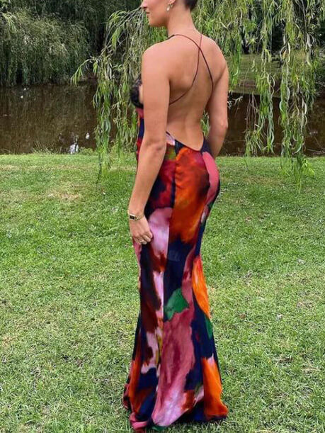 Vestido de renda em V profundo sexy estampado Auspender Maxi Dress