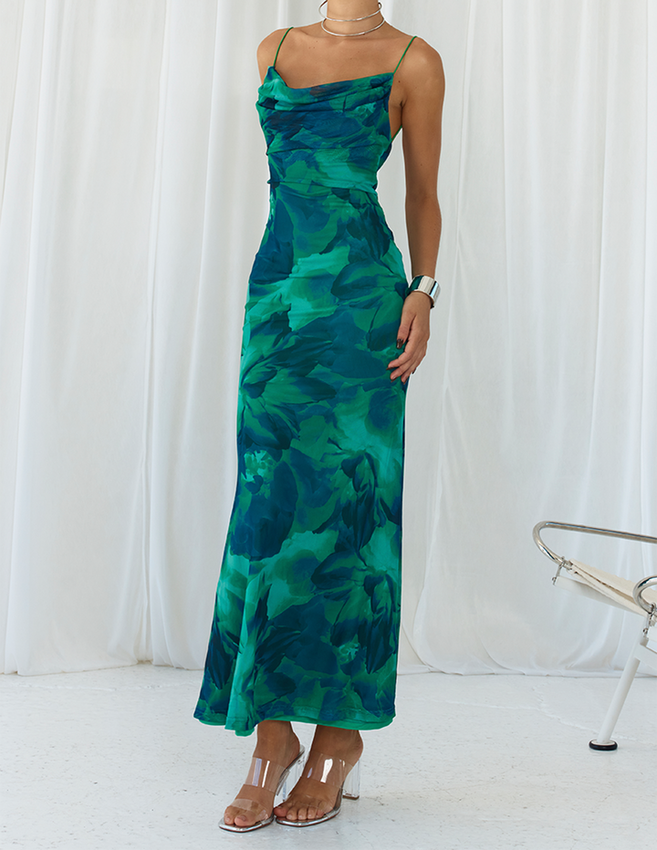 Calista Green Bloom - Robe longue à encolure dégagée et à col bénitier