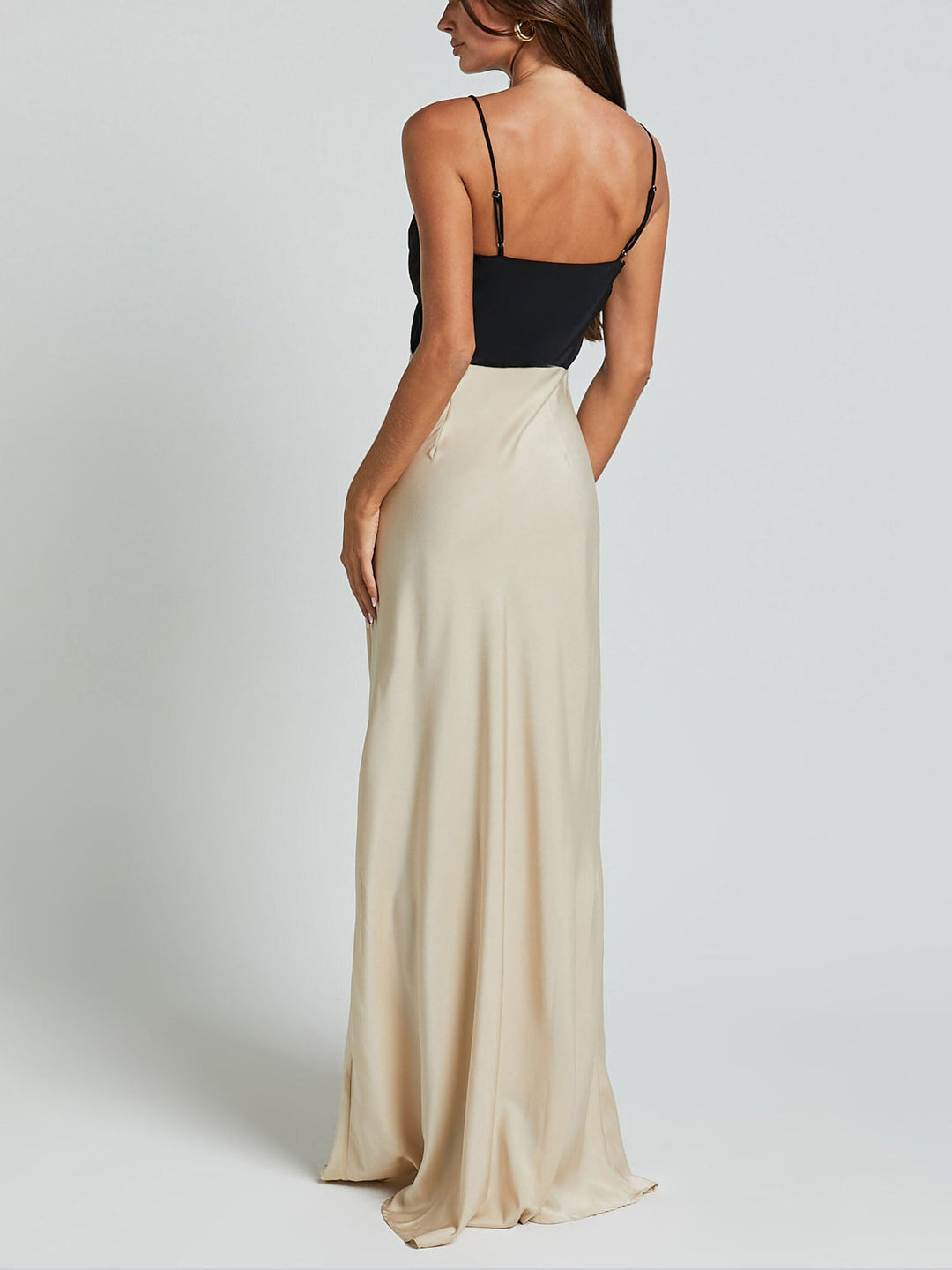 Exquisite Satin Contrast Color V-Neck Maxi Dress