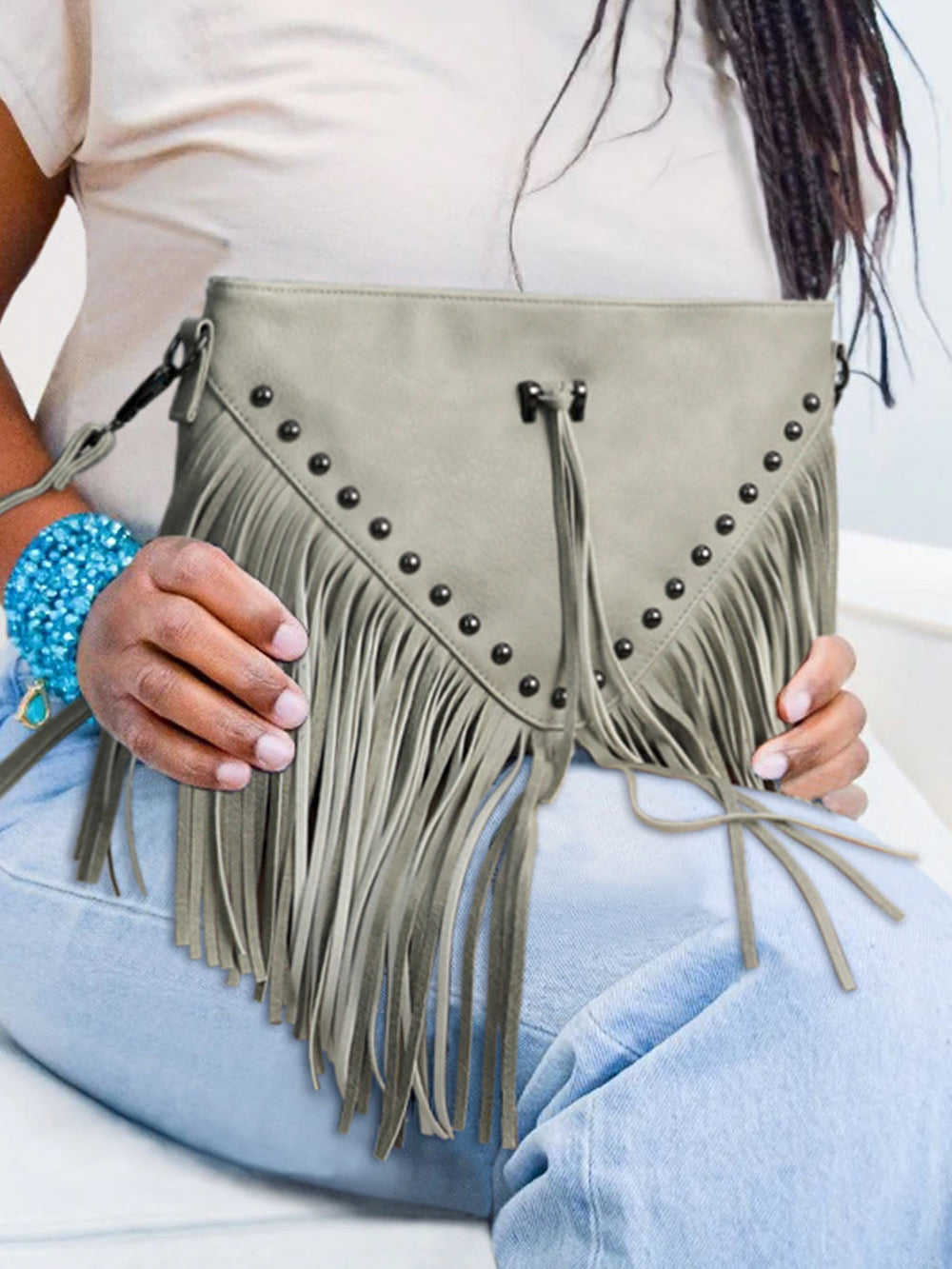 Rivet Fringe Tupsu tekonahkainen Crossbody laukku