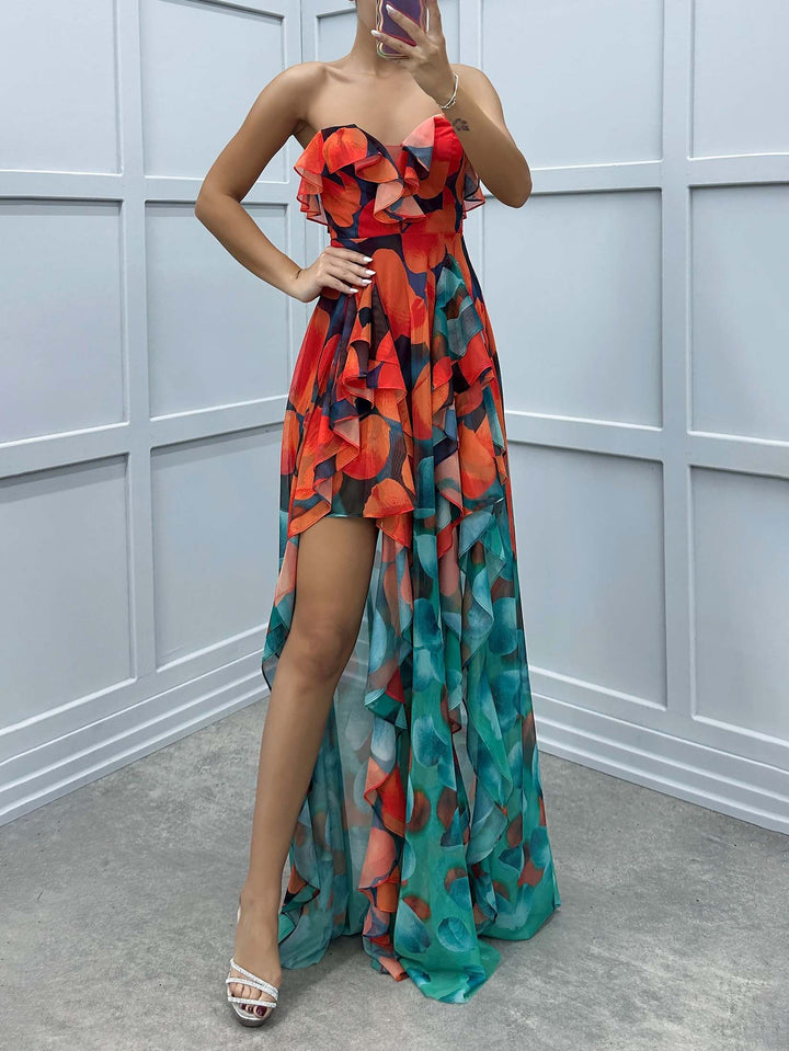 Maxi Vestido con Volantes Irregulares y Estampado Degradado