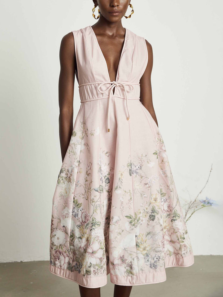 Robe midi élégante à imprimé floral et col en V profond