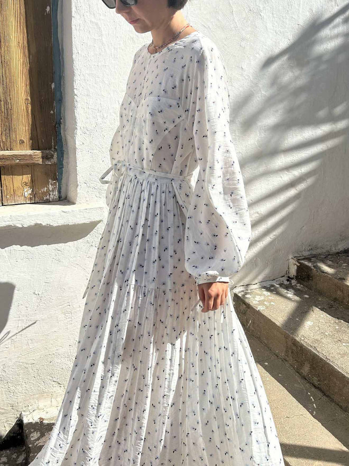 Exquisito Vestido Midi Plisado Floral Pequeño de Manga Larga con Lazo