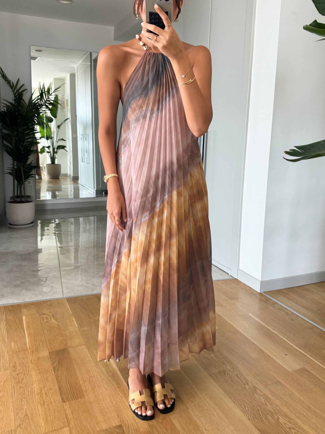 Unique Tie-Dye Gradient Print Pleated Midi Dress