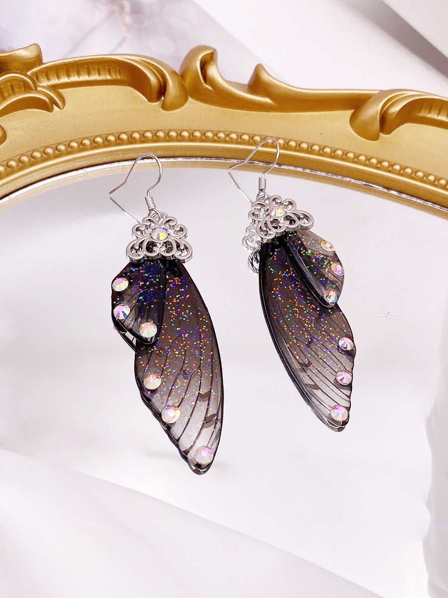 Fluture aripă negru Rhinestone Cicada aripă de cristal cercei