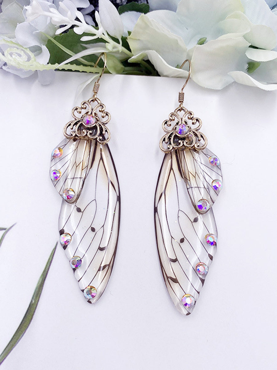 Pendientes de cristal con forma de ala de mariposa gris Rhinestone Cicada Wing