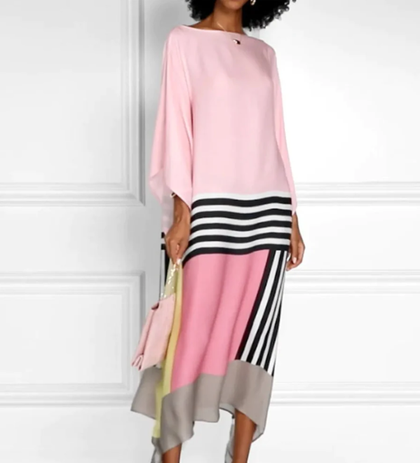 Unique Satin Striped Contrast Bat Sleeve Midi Dress