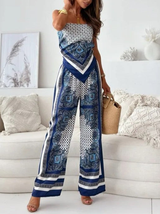 Exquisite Floral Print Suspender Wrap Chest Trousers Set din două piese