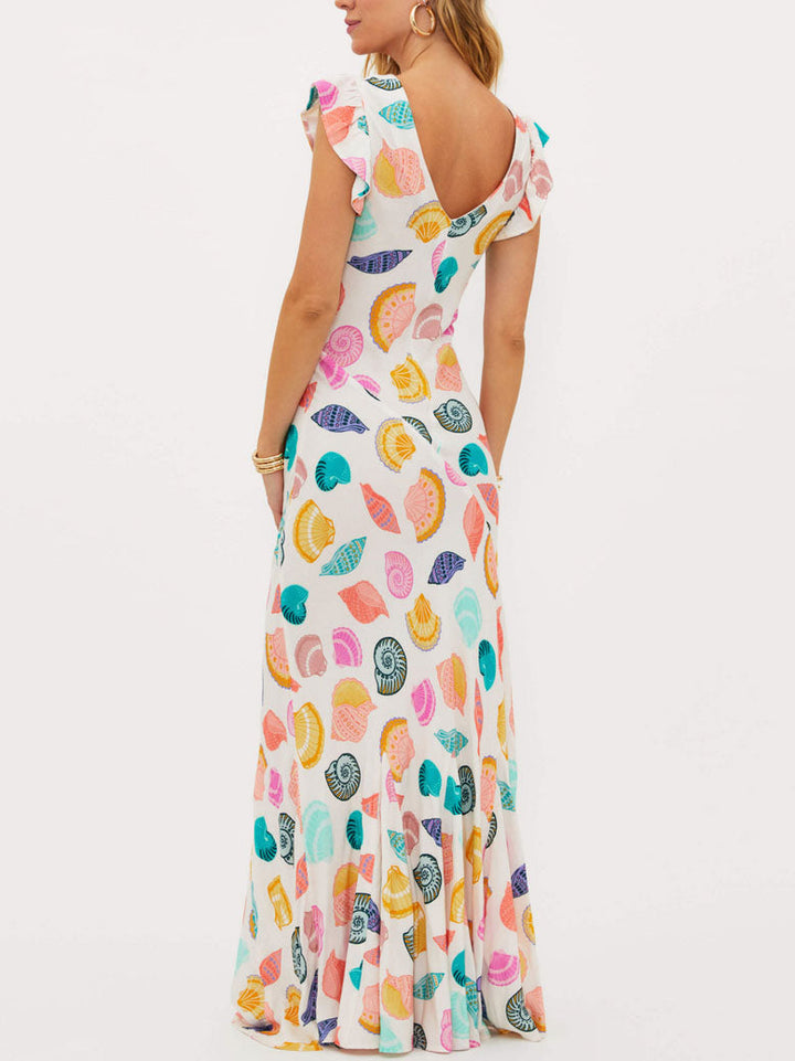 Exquisites Meeresmuschel-Print V-Ausschnitt Maxikleid