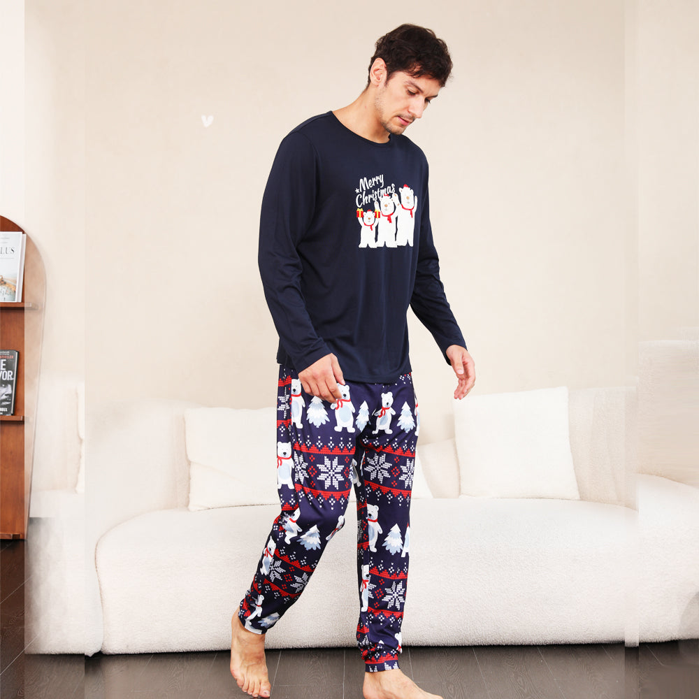 Noel Ailesi Eşleşen Pijama Takımı Lacivert Kutup Ayısı Pijama