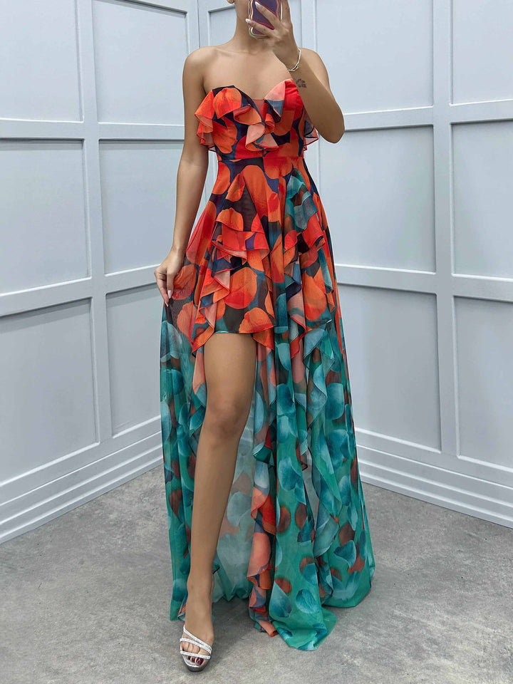 Maxi Vestido con Volantes Irregulares y Estampado Degradado