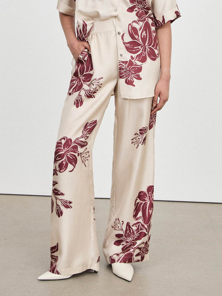 Modern Satin Floral Print Sidoficka Byxor med vida ben